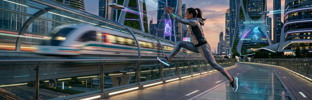 Woman jogging on elevated walkway beside futuristic high-speed train in modern city